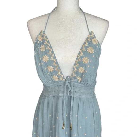 Free People Real Love Embroidered Halter Tie Neck Maxi Dress in Ocean Mist  - XL Women